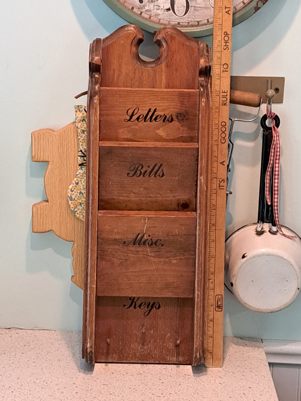 Vintage 70's Brown Wood Wall Organizer - Letters Bills Misc Keys
